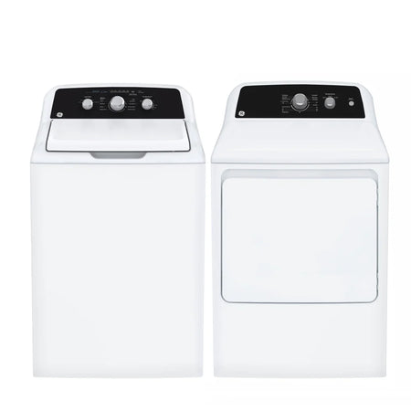 GE 4.4 cu Washer and 6.2 cu Dryer Electric Laundry Set GTW334BMRWS, GTX34EBMRWS- Floor Model