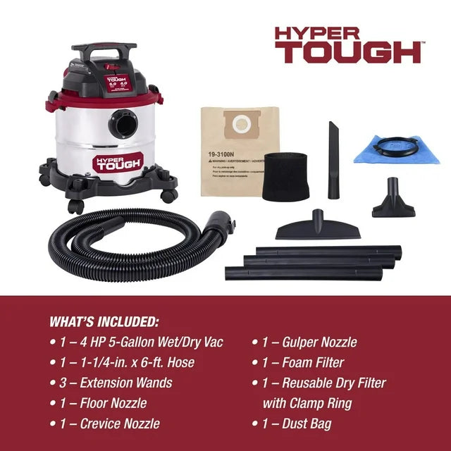 Hyper Tough 5 Gallon Stainless Steel Wet/Dry Vacuum AT18419-5B - Refurbished