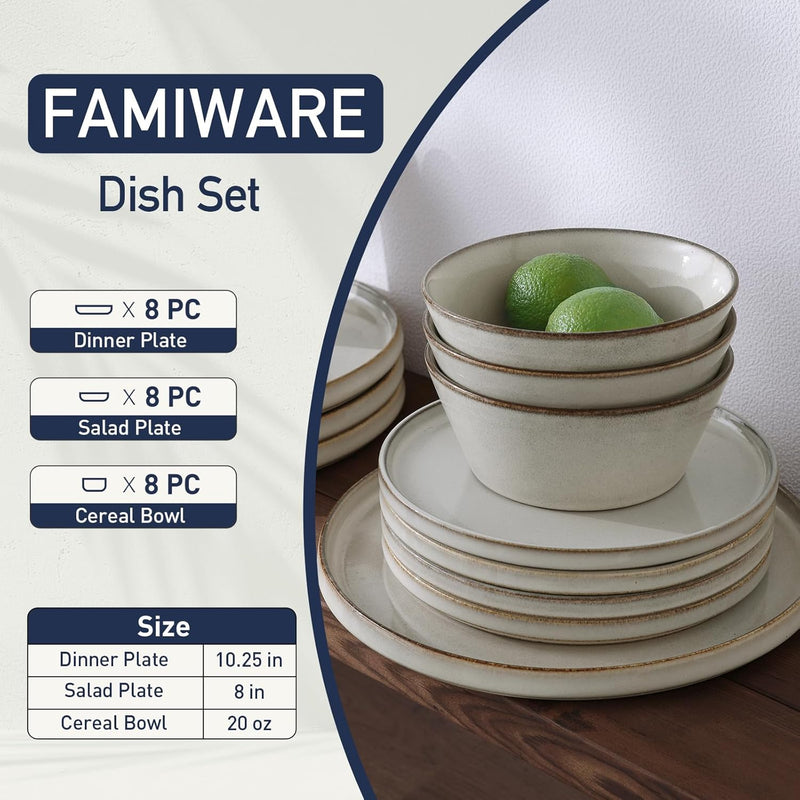 Famiware 24 Piece Stoneware Dinnerware Set for 8 in Gray/White B0D4TTW9TC - Refurbished
