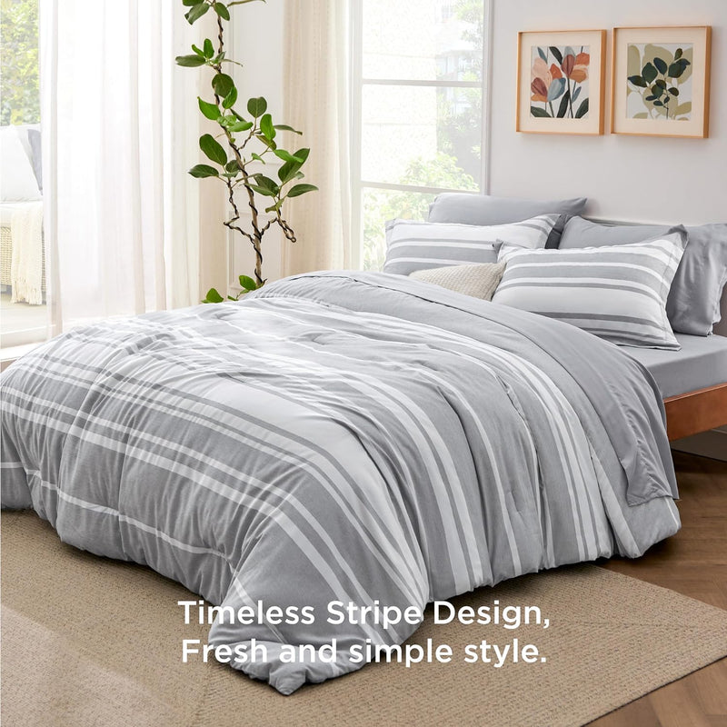 Bedsure 7 Piece Grey & White Stripped Queen Comforter Set B09SHR9KVZ - Like New