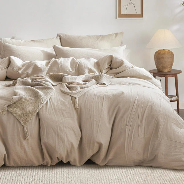 Bedsure 100% Washed Cotton King Duvet Cover With Pillow Sham in Warm Sand BDUR1704 - Refurbished