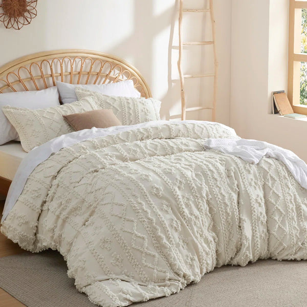Bedsure Shabby Elegance Embroidery Boho King Duvet Cover with 2 Pillow Shams in Beige BDUR1186 - Refurbished