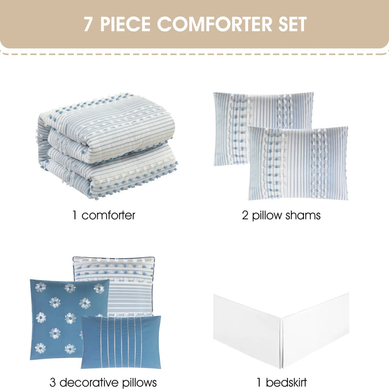Nanshing America Inc Clarion 7 Piece Chic Striped Queen Comforter Set in Azure C006147740 - Refurbished