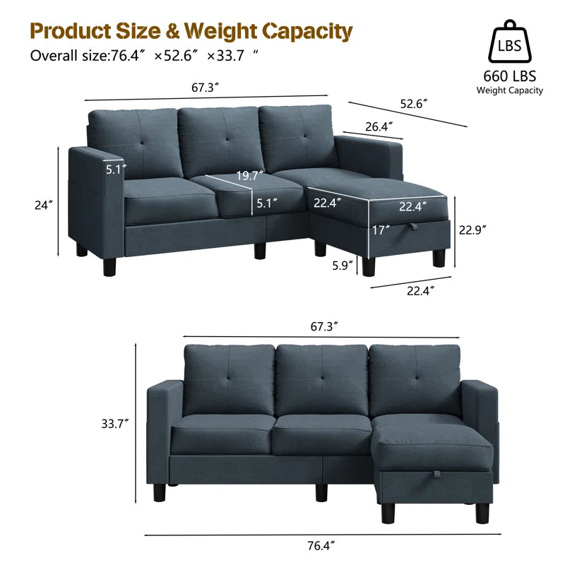 Ebern Designs Degnan 76.4'' Upholstered Sofa Chaise in Dark Grey C110627866 - Refurbished