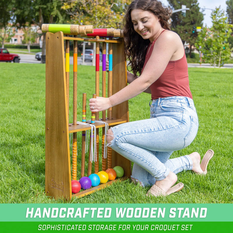 Gosports Premium Wood Stained Six Player Croquet Set With Handcrafted Wooden Stand HBWV1509 - Like New