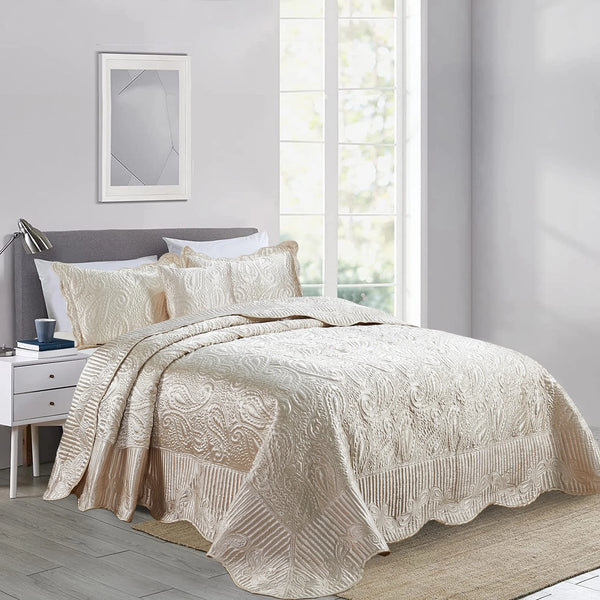 Home Soft Things 4 Piece Quilted Satin King Bedspread Set - Champagne - GHY-14015 - Refurbished