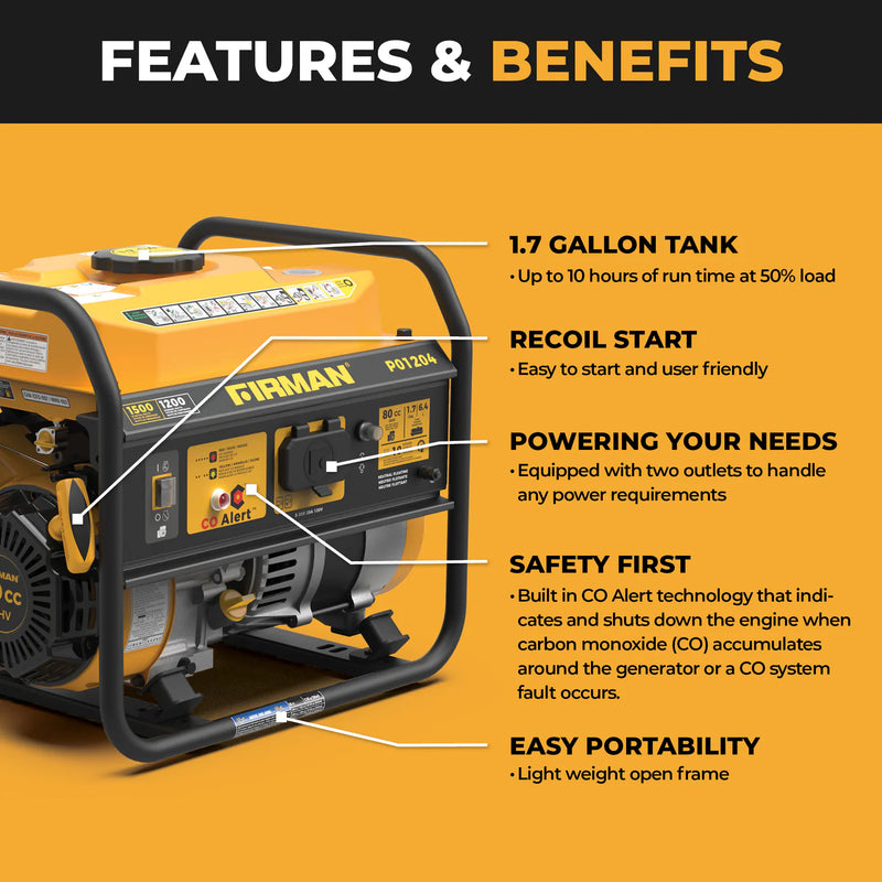 Firman Power Equipment Gas Portable Generator 1500W Recoil Start with CO Alert P01204 - Refurbished
