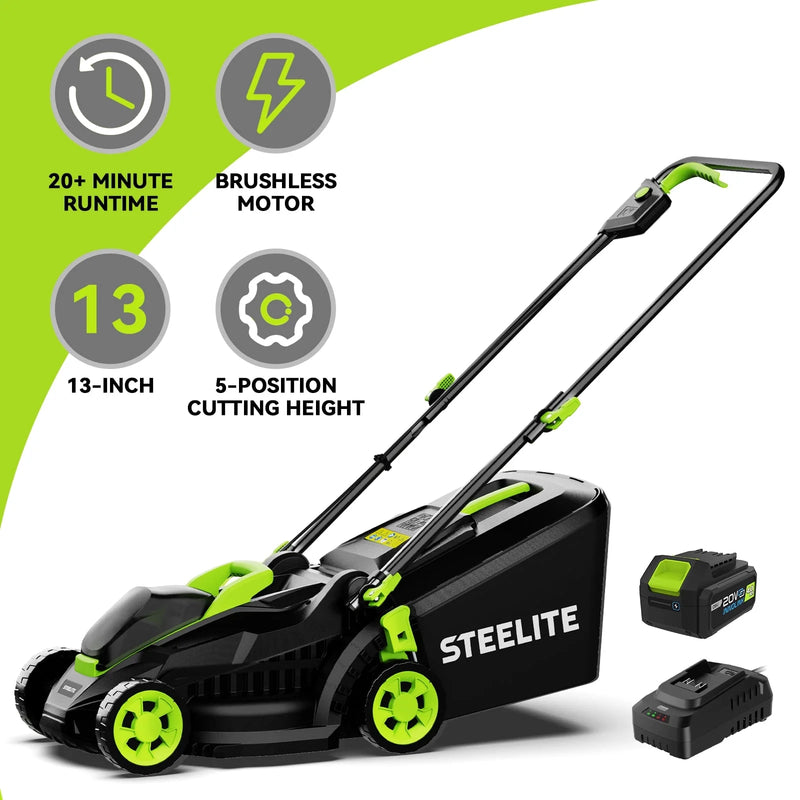 Steelite 13-Inch Cordless Electric Lawn Mower with Brushless Motor for Garden DG500 - Refurbished