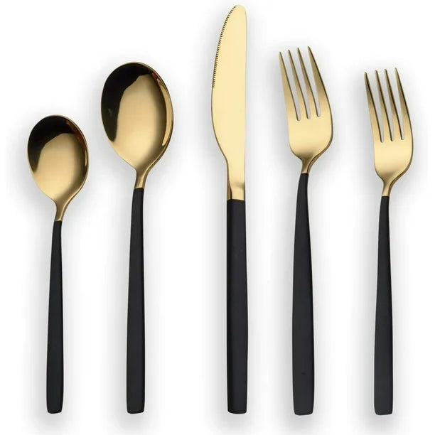 Berglander 20 Piece Titanium Black and Golden Plated Stainless Steel Flatware Set 5ZPJ27AW98LD - Refurbished