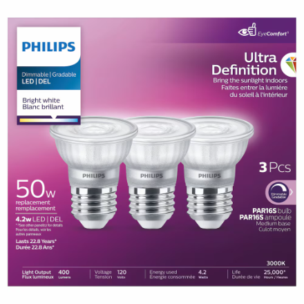 Philips Ultra Definition LED 50W PAR16 Bright White Dimmable Glass 3-Pack 929003115A - Refurbished