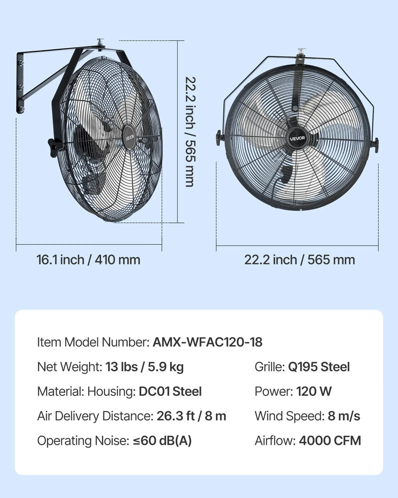 VEVOR 18 Inch Industrial Wall Mount Fan 3 Speed 4000 CFM VV-BGSFS18 - Refurbished